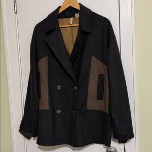 Covet Gray Brown Wool Silk Color Block Doublebreasted Women's PeaCoat Size:M